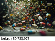 Colorful pills and capsules falling on the floor. Стоковое AI-изображение, AI-художник Иван Рябоконь / Фотобанк Лори