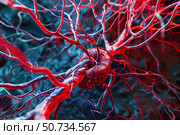 Blood vessels growing around tumor in microscopic view. Стоковое AI-изображение, AI-художник Иван Рябоконь / Фотобанк Лори