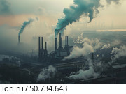 Industrial pollution, smoke billowing from factory chimneys into foggy atmosphere. Стоковое AI-изображение, AI-художник Иван Рябоконь / Фотобанк Лори