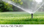Sprinkler watering lush green lawn in sunny outdoor setting. Спринклер поливает пышную зеленую лужайку на солнечной улице. Стоковое AI-изображение, AI-художник Katsiaryna Repich / Фотобанк Лори