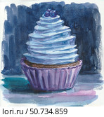 Watercolor illustration cakes series on dark background, blueberry cupcake with white cream. Стоковая иллюстрация, иллюстратор Дарья Мережина / Фотобанк Лори