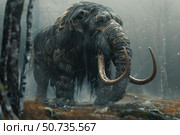 Woolly mammoth walking in snowy forest during pleistocene epoch. Стоковое AI-изображение, AI-художник Иван Рябоконь / Фотобанк Лори