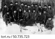 Группа охотников с убитым лосем зимой в лесу. Стоковое фото, фотограф Retro / Фотобанк Лори