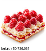 Delicious raspberry mille feuille pastry with whipped cream and raspberry sauce. Стоковое AI-изображение, AI-художник Иван Рябоконь / Фотобанк Лори