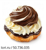 Delicious chocolate and cream puff pastry overflowing with filling on white background. Стоковое AI-изображение, AI-художник Иван Рябоконь / Фотобанк Лори