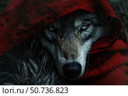 Big bad wolf wearing red hood starring menacingly. Стоковое AI-изображение, AI-художник Иван Рябоконь / Фотобанк Лори
