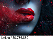 Woman blowing red glittering lipstick particles into space. Стоковое AI-изображение, AI-художник Иван Рябоконь / Фотобанк Лори