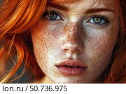 Close up portrait of a beautiful young redhead woman with freckles. Стоковое AI-изображение, AI-художник Иван Рябоконь / Фотобанк Лори
