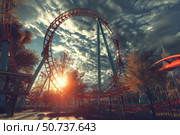 Rollercoaster loop reaching for dramatic sunset sky in amusement park. Стоковое AI-изображение, AI-художник Иван Рябоконь / Фотобанк Лори