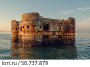 Remains of a partially submerged and rusty shipwreck emerging from the sea at sunset. Стоковое AI-изображение, AI-художник Иван Рябоконь / Фотобанк Лори