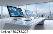 Modern workplace showing futuristic desktop computers showing charts and data visualizations. Стоковое AI-изображение, AI-художник Юрий Поздников / Фотобанк Лори
