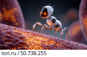 Microscopic nanobot repairing damaged tissue with futuristic technology. Стоковое AI-изображение, AI-художник Юрий Поздников / Фотобанк Лори