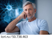 Mature man contemplating neuron cells, exploring brain health and neurological function. Стоковое AI-изображение, AI-художник Юрий Поздников / Фотобанк Лори