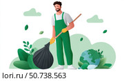 Waste collector holding a garbage bag and cleaning the planet earth. Стоковое AI-изображение, AI-художник Юрий Поздников / Фотобанк Лори