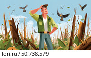 Forest ranger looking worried at deforestation, environmental disaster. Стоковое AI-изображение, AI-художник Юрий Поздников / Фотобанк Лори