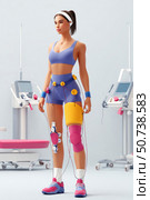 Athlete undergoing electrostimulation therapy for muscle recovery and performance enhancement. Стоковое AI-изображение, AI-художник Юрий Поздников / Фотобанк Лори