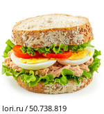 Tuna salad sandwich with lettuce, tomatoes, and boiled eggs on whole wheat bread. Стоковое AI-изображение, AI-художник Иван Рябоконь / Фотобанк Лори