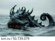 Mythical sea dragon emerging from murky depths of ocean. Стоковое AI-изображение, AI-художник Иван Рябоконь / Фотобанк Лори