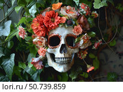 Decorated skull celebrating dia de muertos surrounded by lush greenery. Стоковое AI-изображение, AI-художник Иван Рябоконь / Фотобанк Лори