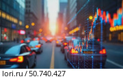 Big data chart on city backdrop. Trade technology, and investment analysis. Business development, financial plan and strategy. Analysis finance graph and market chart investment. Stock trends grow up. Стоковое AI-видео, аниматор Sergey Grishin / Фотобанк Лори