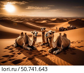 Three camels are laying in the desert, with a tent in the background. Стоковое AI-изображение, AI-художник Ярославский Максим / Фотобанк Лори