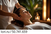 A woman is getting a massage while a woman is massaging her head. Стоковое AI-изображение, AI-художник Ярославский Максим / Фотобанк Лори