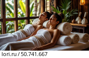 Two women are laying on a bed with towels and pillows. Стоковое AI-изображение, AI-художник Ярославский Максим / Фотобанк Лори