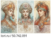 A triptych of female portraits, executed in an exquisite artistic style with elements of Art Nouveau and ethnic ornamentation. Three women are depicted in richly decorated outfits and headdresses, adorned with flowers, jewelry and fabrics. Each portrait is framed with a decorative frame that matches the color scheme and mood of the image. Graceful lines, pastel shades and rich details give the illustration a sense of nobility, historical depth and artistic sophistication. Ideal for themes of art, femininity, fashion, ethnicity and aesthetics of the past. Стоковое AI-изображение, AI-художник Анна Кривицкая / Фотобанк Лори