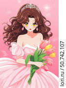 Anime young girl princess with curly brown hair wearing a tiara in a pink airy dress holding a bouquet of tulips on a sparkling soft pink background. Стоковое AI-изображение, AI-художник Неведицына Елена / Фотобанк Лори