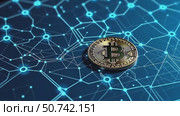 Gold bitcoin cryptocurrency placed on blue blockchain network. Digital asset concept for finance and investment footage. Стоковое AI-видео, аниматор Анжелика Самсонова / Фотобанк Лори