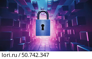 Blue padlock representing data privacy and digital security in a dynamic virtual network, abstract design footage. Стоковое AI-видео, аниматор Анжелика Самсонова / Фотобанк Лори