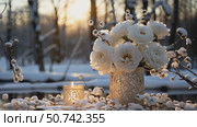 White roses bouquet and candle on snow covered table at sunset during winter. Holiday decoration background footage. Стоковое AI-видео, аниматор Анжелика Самсонова / Фотобанк Лори