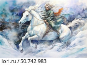 A dramatic watercolor illustration of a rider on a white stallion racing through a winter storm. The man with flowing white hair wears a long green cloak that flutters in the wind, creating a sense of rapid movement. In the background are a snowy forest, a night sky and snowflakes sparkling in the air. The atmosphere of the painting is filled with a sense of legend, myth or epic tale, as if the hero is in a hurry to fulfill an important mission or escape from fate. Стоковое AI-изображение, AI-художник Анна Кривицкая / Фотобанк Лори