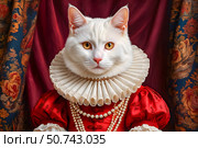 Царственная белая кошка в королевском красном платье с жемчугом и гофрированным воротником на темном фоне. Всемирный день кошек. Стоковое AI-изображение, AI-художник Александр Бушков / Фотобанк Лори