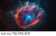Stunning celestial display of a star's death in vibrant colors captured in deep space. Стоковое AI-изображение, AI-художник Михаил Коханчиков / Фотобанк Лори