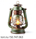 Vintage Green Kerosene Lantern With Light Inside on a White Background. Generative AI. Стоковое AI-изображение, AI-художник Roman Zavorotny / Фотобанк Лори