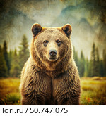 A Grizzly Bear Stands Tall in Yellowstone National Park. Generative AI. Стоковое AI-изображение, AI-художник Roman Zavorotny / Фотобанк Лори
