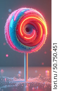 Vibrant Lollipop on Neon-Lit Bed of Cotton Candy Under Reflective Glow. Стоковое AI-изображение, AI-художник Mariya Suranova / Фотобанк Лори