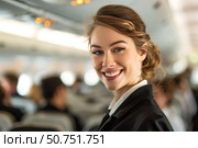 Smiling flight attendant looking back in airplane cabin. Стоковое AI-изображение, AI-художник Иван Рябоконь / Фотобанк Лори