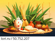 Pongal festival celebration with traditional food and decorations displaying cultural heritage. Стоковое AI-изображение, AI-художник Иван Рябоконь / Фотобанк Лори