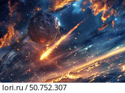 Giant asteroid entering atmosphere burning up creating fire trail and debris. Стоковое AI-изображение, AI-художник Иван Рябоконь / Фотобанк Лори