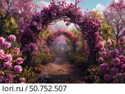 Blooming archway creating enchanting pathway in lush garden. Стоковое AI-изображение, AI-художник Иван Рябоконь / Фотобанк Лори
