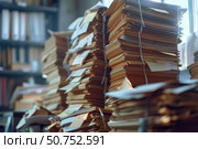 Stacks of documents creating messy office desk. Стоковое AI-изображение, AI-художник Иван Рябоконь / Фотобанк Лори