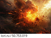 Meteor exploding creating fireball and debris in the sky. Стоковое AI-изображение, AI-художник Иван Рябоконь / Фотобанк Лори