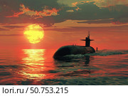 Nuclear submarine patrolling ocean at sunset with big red sun. Стоковое AI-изображение, AI-художник Иван Рябоконь / Фотобанк Лори