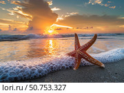 Starfish resting on the shore at sunset with ocean waves gently crashing. Стоковое AI-изображение, AI-художник Иван Рябоконь / Фотобанк Лори