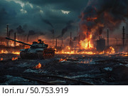 Tank invading burning industrial area during wartime at dusk. Стоковое AI-изображение, AI-художник Иван Рябоконь / Фотобанк Лори