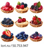 Delicious berry tarts with various toppings tempting dessert lovers. Стоковое AI-изображение, AI-художник Иван Рябоконь / Фотобанк Лори