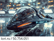 Futuristic spaceship hovering in advanced spaceport hangar. Стоковое AI-изображение, AI-художник Иван Рябоконь / Фотобанк Лори
