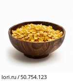 Cornflakes filling a wooden bowl on white background. Стоковое AI-изображение, AI-художник Иван Рябоконь / Фотобанк Лори
